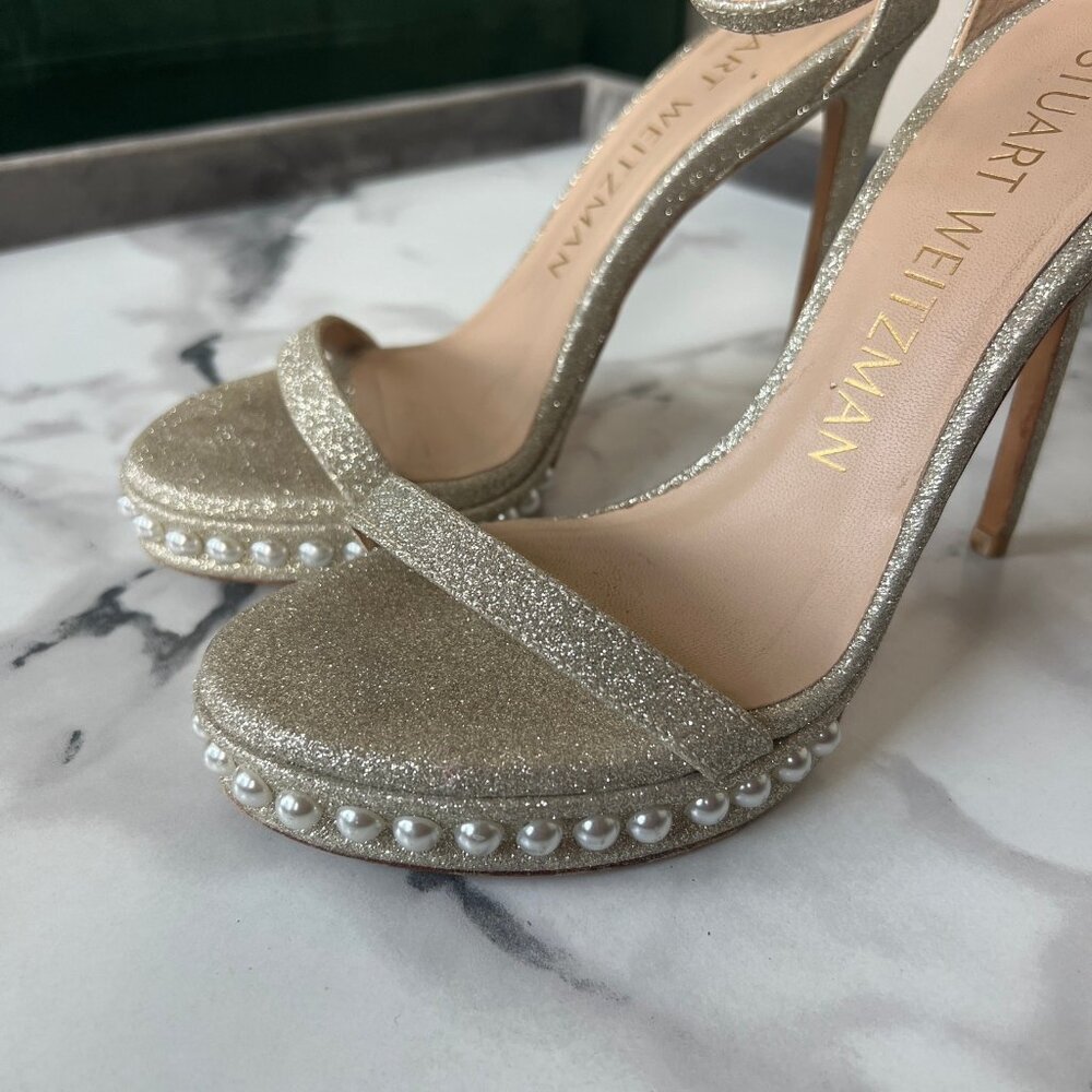 Stuart Weitzman Nudist Disco Pearl Gold Glitter Heels - Picture 6 of 9